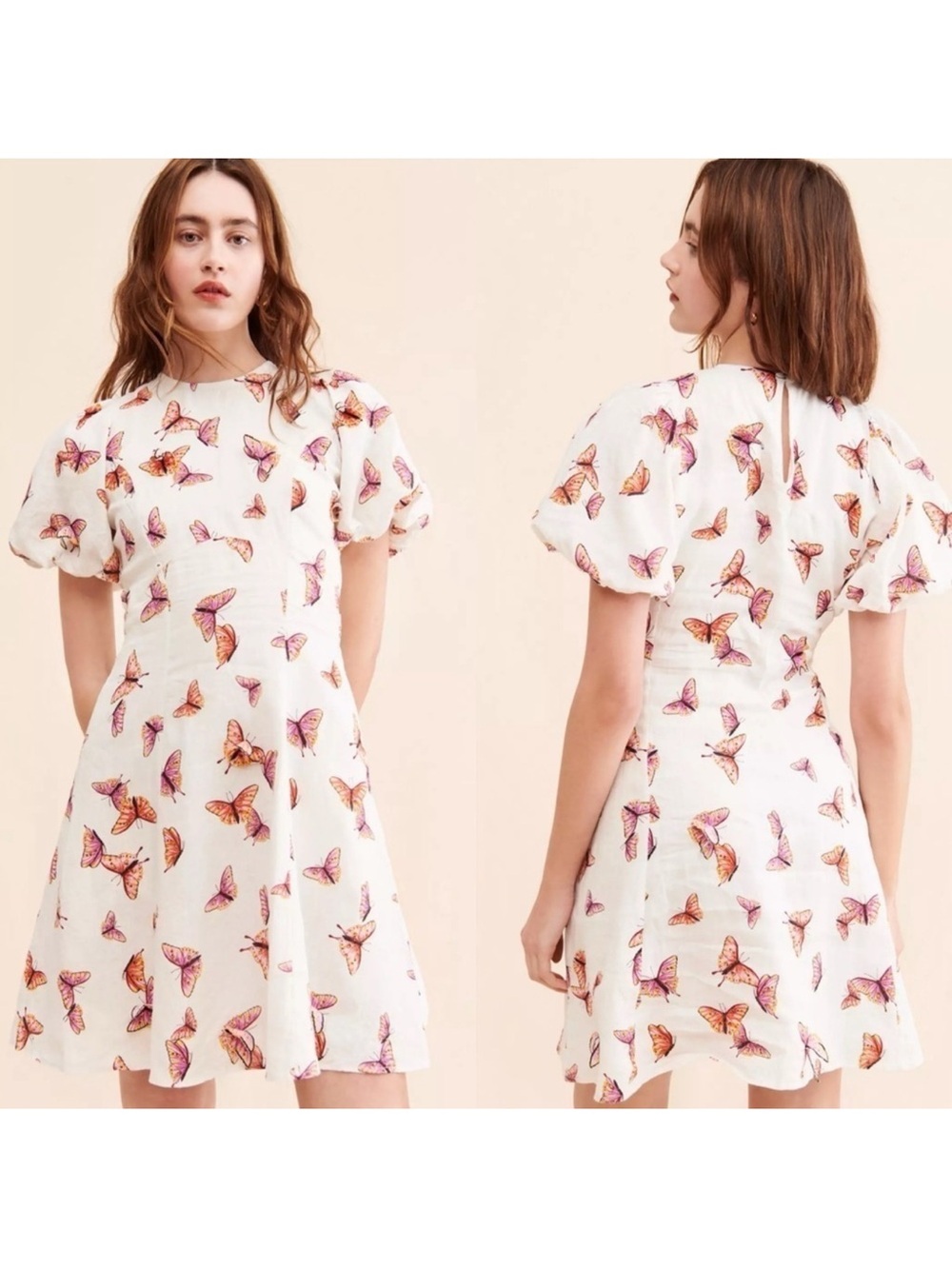 Banjanan Garcia White Mini Dress with Pink & Orange Butterfly Print